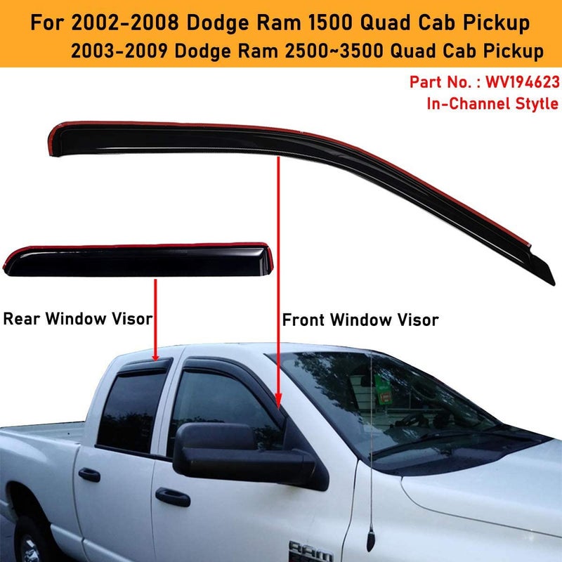 Lightronic Extra Durable Clip-on in-Channel Auto Vent Window Visors, Fits 2002-2008 Dodge Ram 1500, 2003-2009 Ram 2500 & 3500, Quad Cab, UV-Protect Rain Guards, Original Wind Deflector, Smoke, 4-Pcs - Image 4